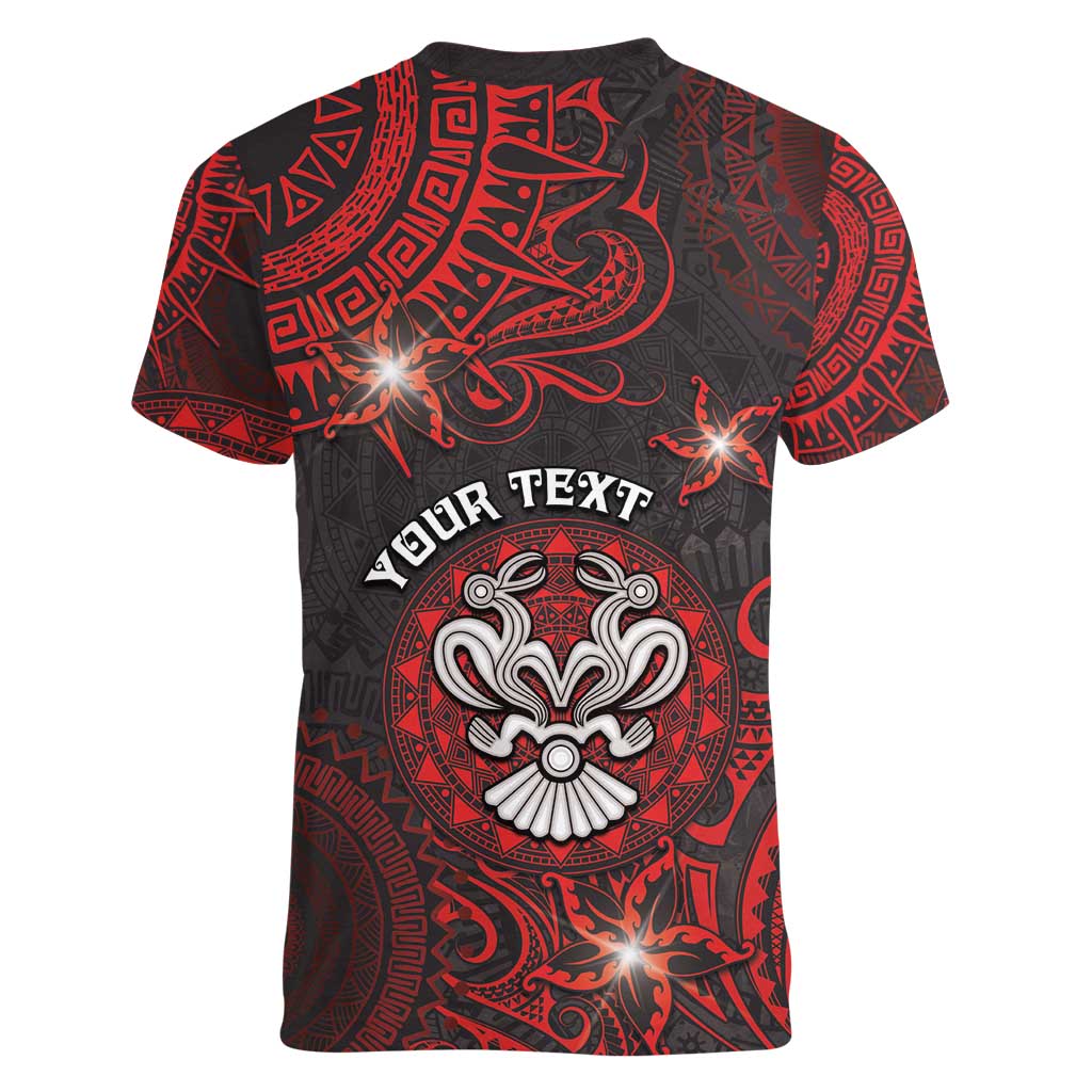 Personalised Easter Island Women V-Neck T-Shirt Hibiscus Polynesian Tribal Pattern