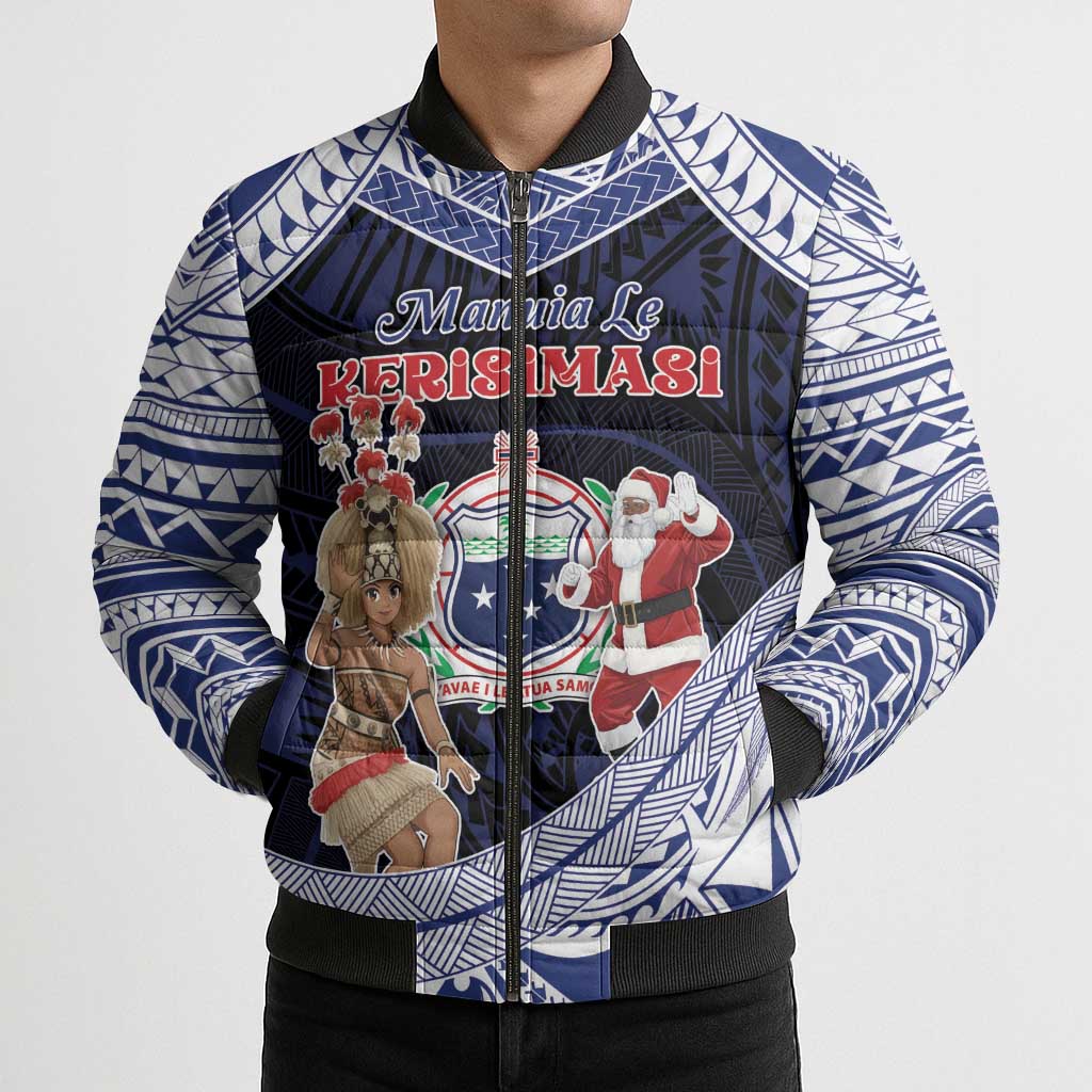 Samoa Christmas Bomber Puffer Jacket Samoan Siva Dance With Santa - Polynesian Pride