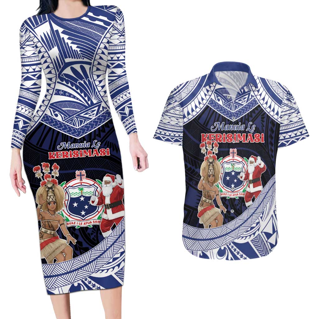 Samoa Christmas Couples Matching Long Sleeve Bodycon Dress and Hawaiian Shirt Samoan Siva Dance With Santa - Polynesian Pride