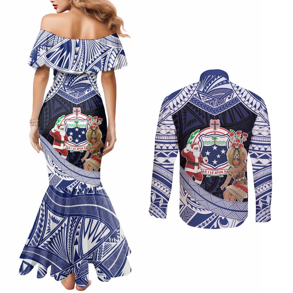Samoa Christmas Couples Matching Mermaid Dress and Long Sleeve Button Shirt Samoan Siva Dance With Santa - Polynesian Pride
