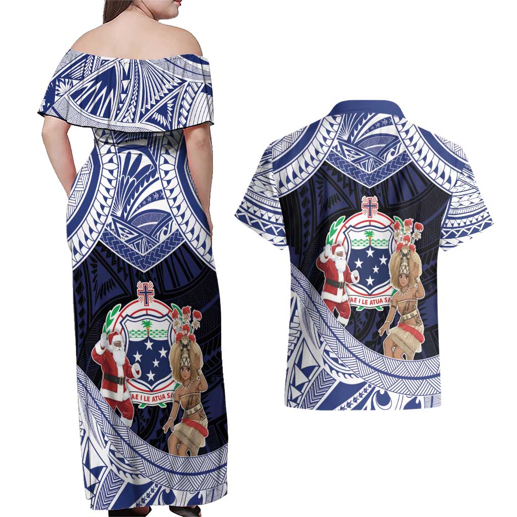 Samoa Christmas Couples Matching Off Shoulder Maxi Dress and Hawaiian Shirt Samoan Siva Dance With Santa - Polynesian Pride