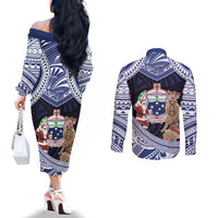 Samoa Christmas Couples Matching Off The Shoulder Long Sleeve Dress and Long Sleeve Button Shirt Samoan Siva Dance With Santa - Polynesian Pride