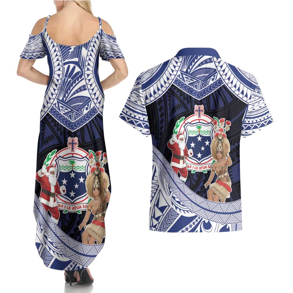 Samoa Christmas Couples Matching Summer Maxi Dress and Hawaiian Shirt Samoan Siva Dance With Santa - Polynesian Pride