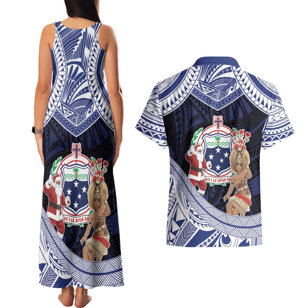 Samoa Christmas Couples Matching Tank Maxi Dress and Hawaiian Shirt Samoan Siva Dance With Santa - Polynesian Pride