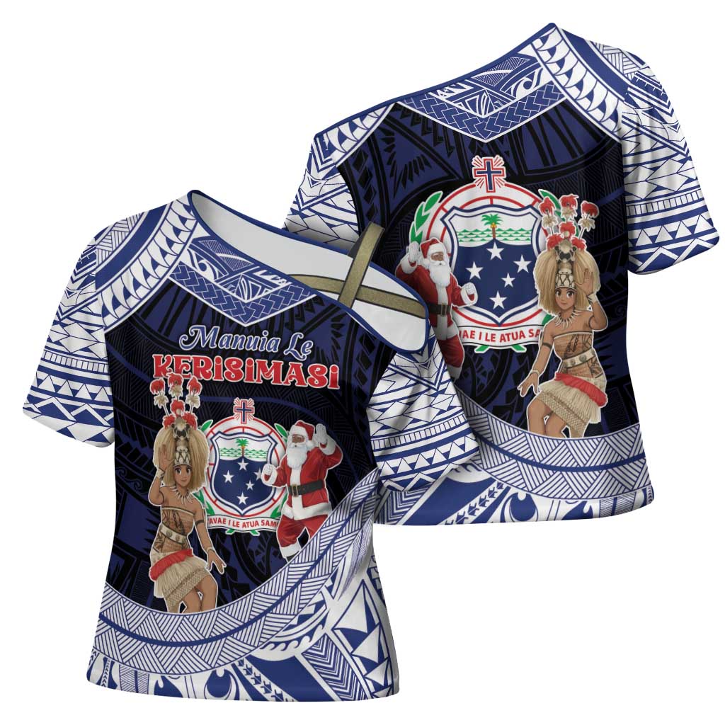 Samoa Christmas Cross Shoulder Shirt Samoan Siva Dance With Santa - Polynesian Pride