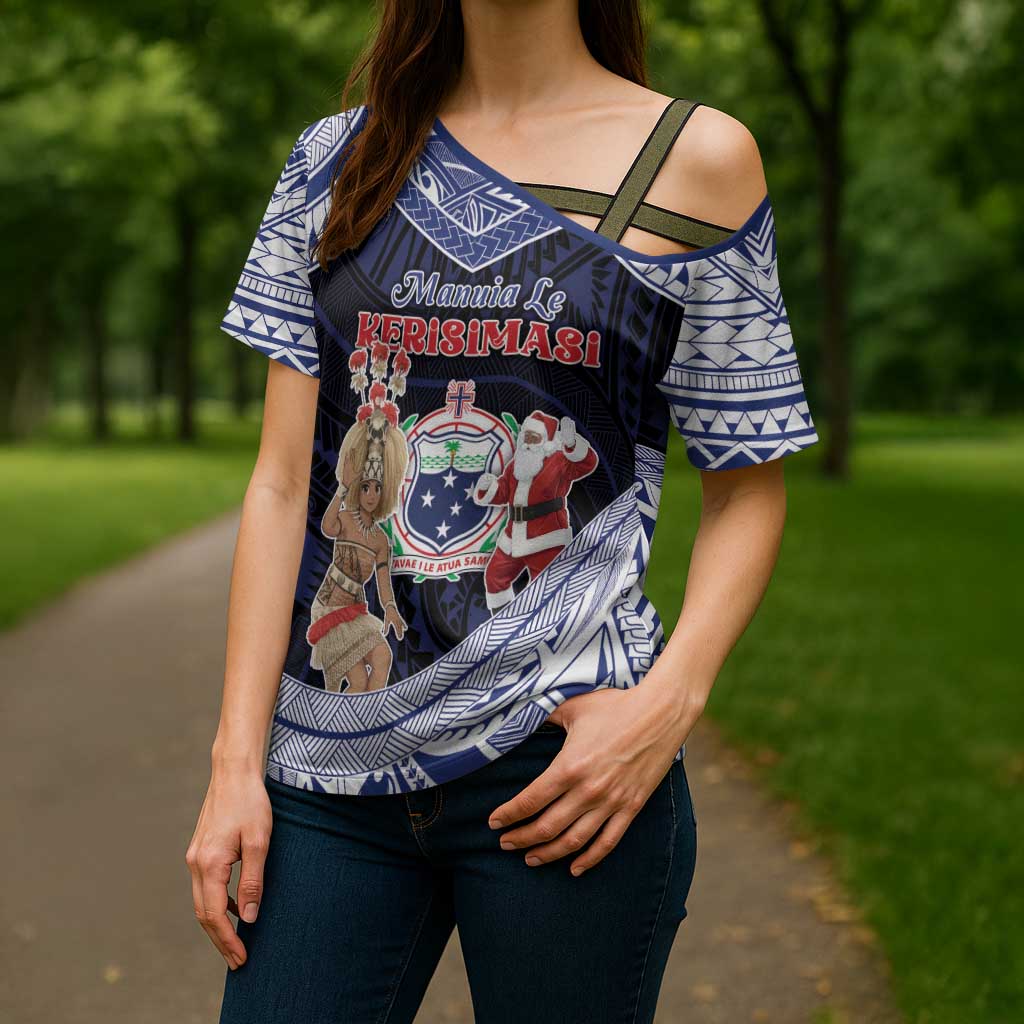 Samoa Christmas Cross Shoulder Shirt Samoan Siva Dance With Santa - Polynesian Pride