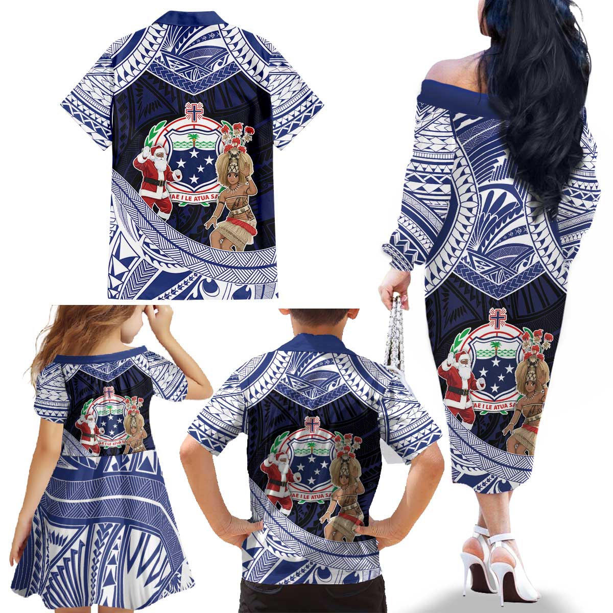 Samoa Christmas Family Matching Off The Shoulder Long Sleeve Dress and Hawaiian Shirt Samoan Siva Dance With Santa - Polynesian Pride