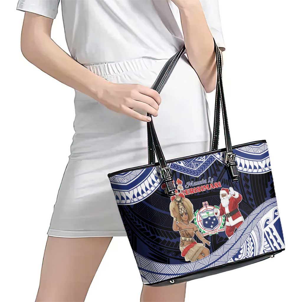 Samoa Christmas Leather Tote Bag Samoan Siva Dance With Santa - Polynesian Pride