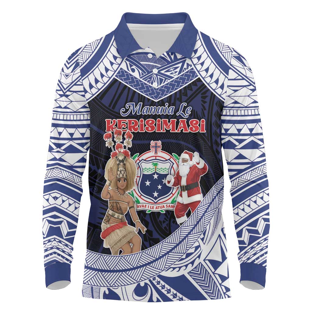 Samoa Christmas Long Sleeve Polo Shirt Samoan Siva Dance With Santa - Polynesian Pride