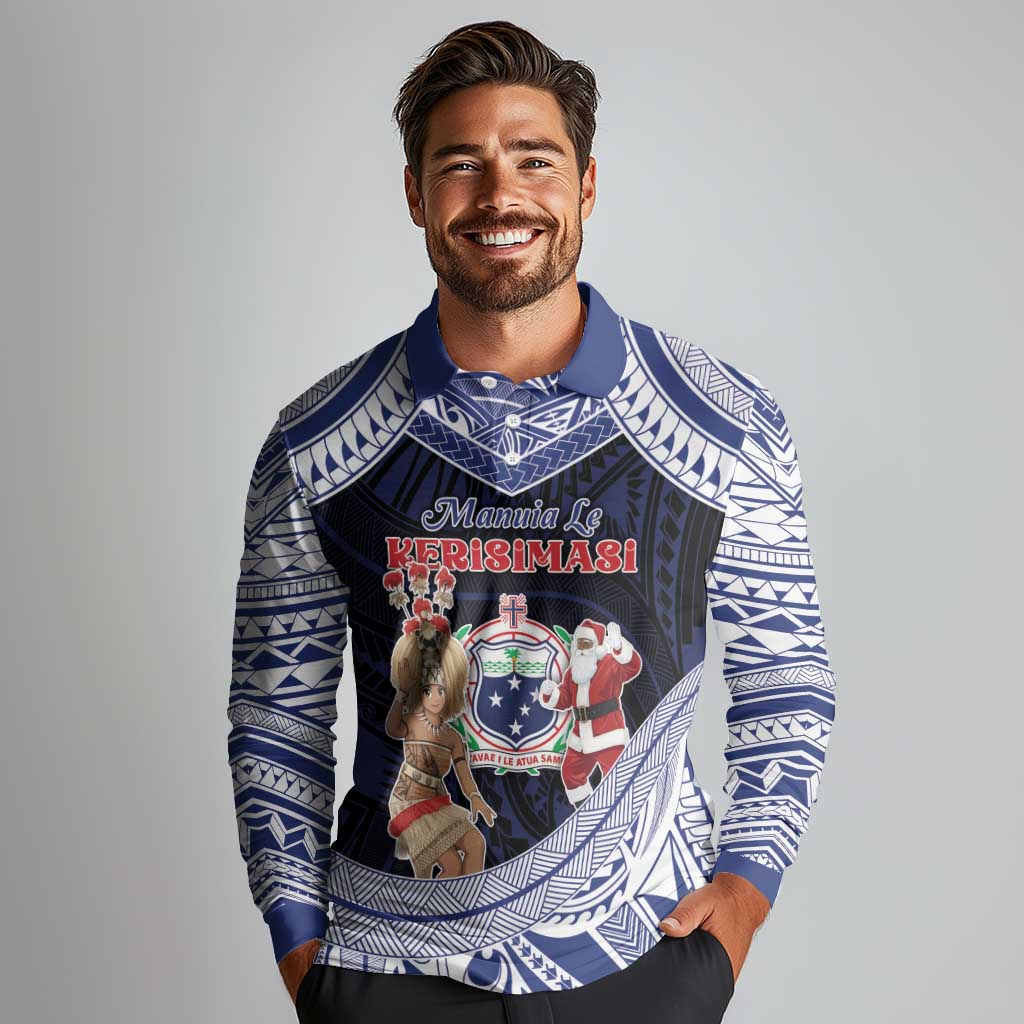 Samoa Christmas Long Sleeve Polo Shirt Samoan Siva Dance With Santa - Polynesian Pride