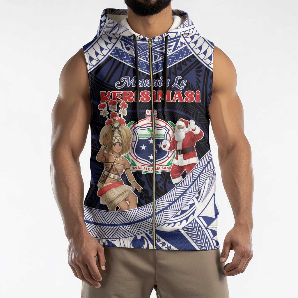 Samoa Christmas Sleeveless Zip Hoodie Samoan Siva Dance With Santa - Polynesian Pride