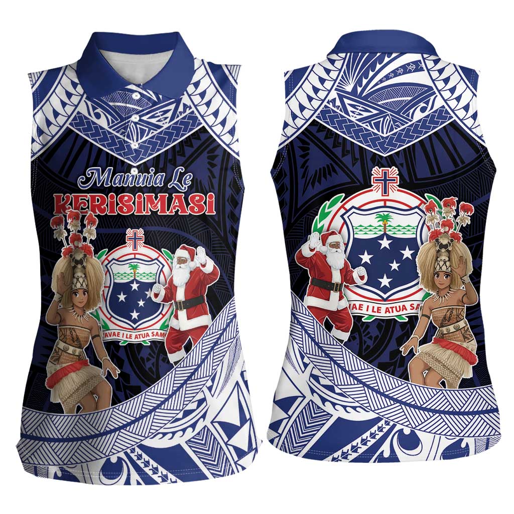 Samoa Christmas Women Sleeveless Polo Shirt Samoan Siva Dance With Santa - Polynesian Pride
