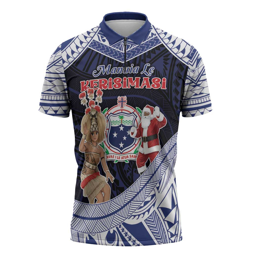 Samoa Christmas Zipper Polo Shirt Samoan Siva Dance With Santa - Polynesian Pride