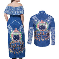 Toa Samoa Couples Matching Off Shoulder Maxi Dress and Long Sleeve Button Shirt Samoan Warrior Spirit Rugby - Polynesian Pride