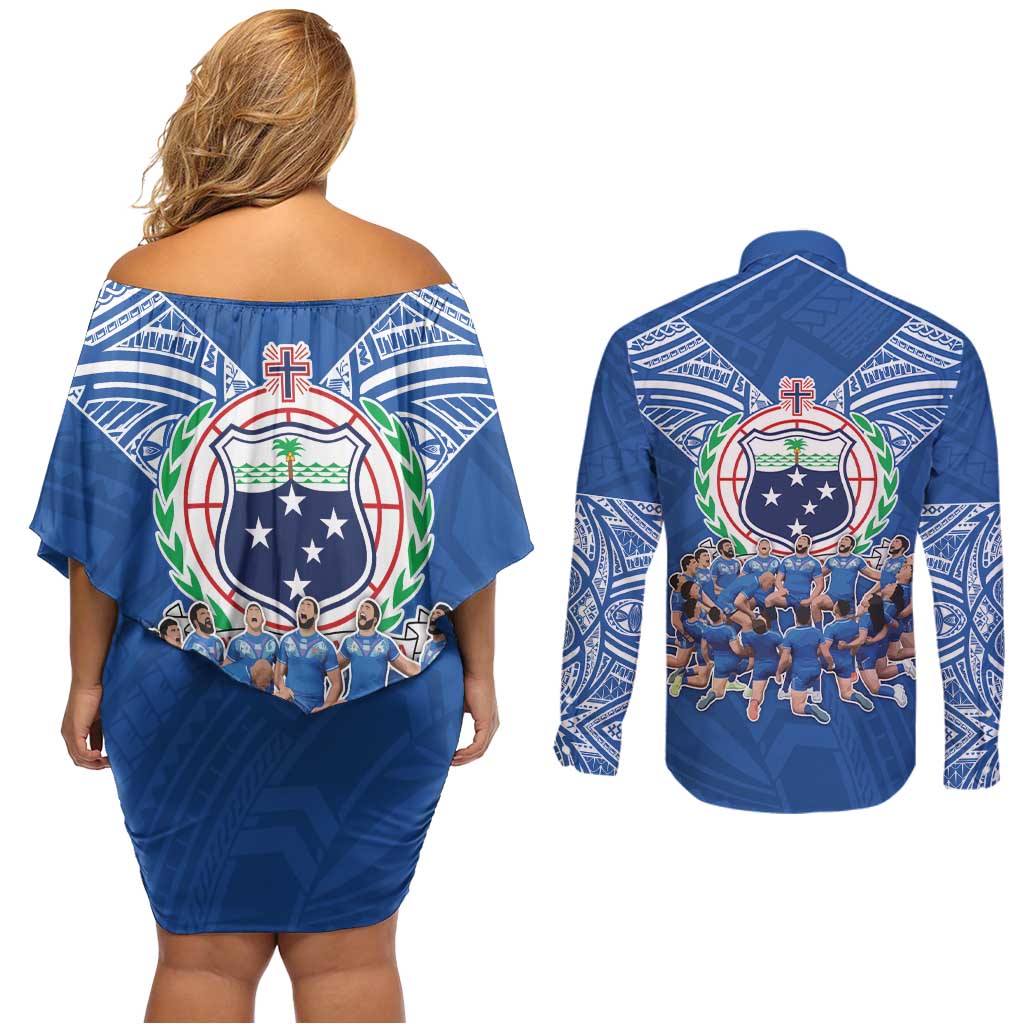 Toa Samoa Couples Matching Off Shoulder Short Dress and Long Sleeve Button Shirt Samoan Warrior Spirit Rugby - Polynesian Pride