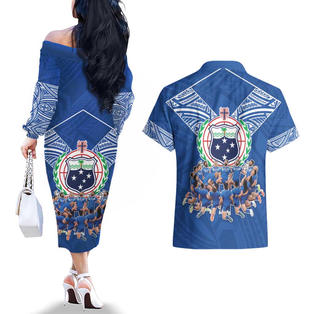 Toa Samoa Couples Matching Off The Shoulder Long Sleeve Dress and Hawaiian Shirt Samoan Warrior Spirit Rugby - Polynesian Pride