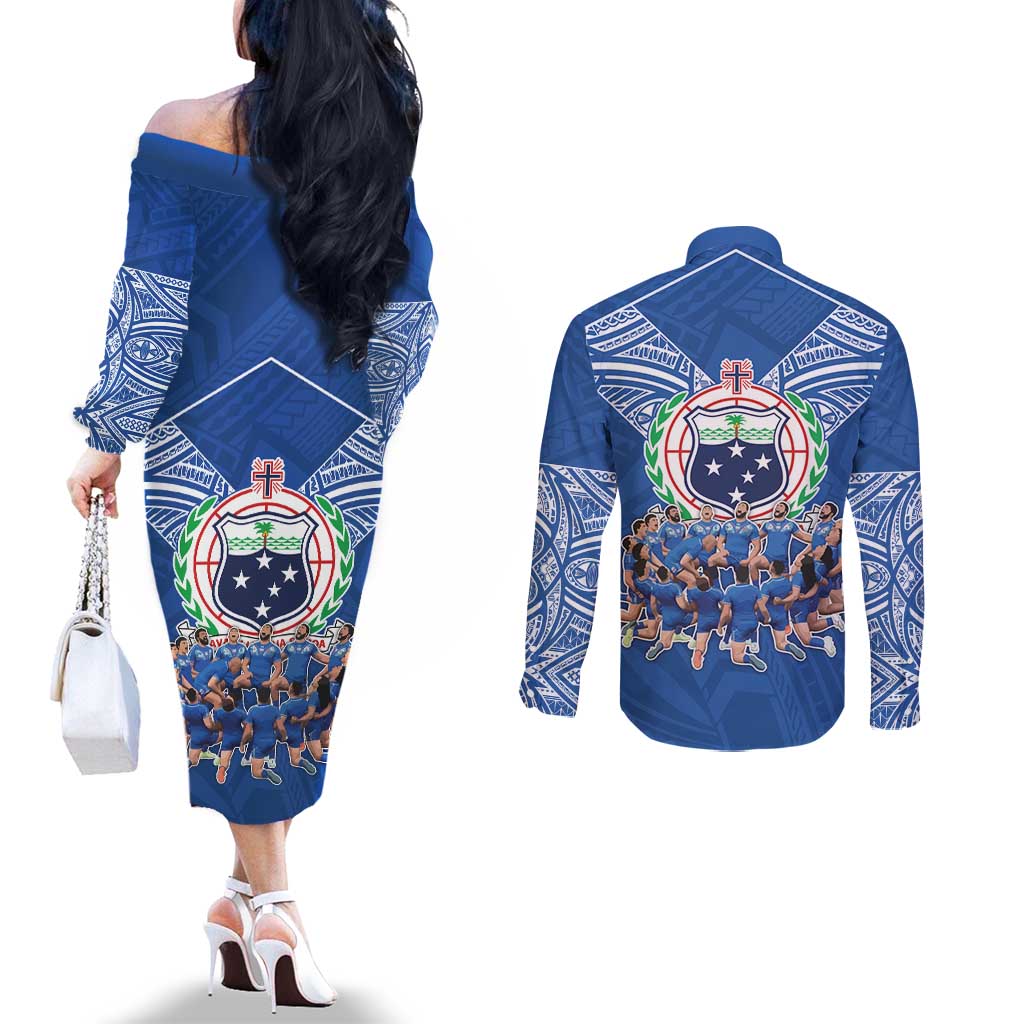 Toa Samoa Couples Matching Off The Shoulder Long Sleeve Dress and Long Sleeve Button Shirt Samoan Warrior Spirit Rugby - Polynesian Pride