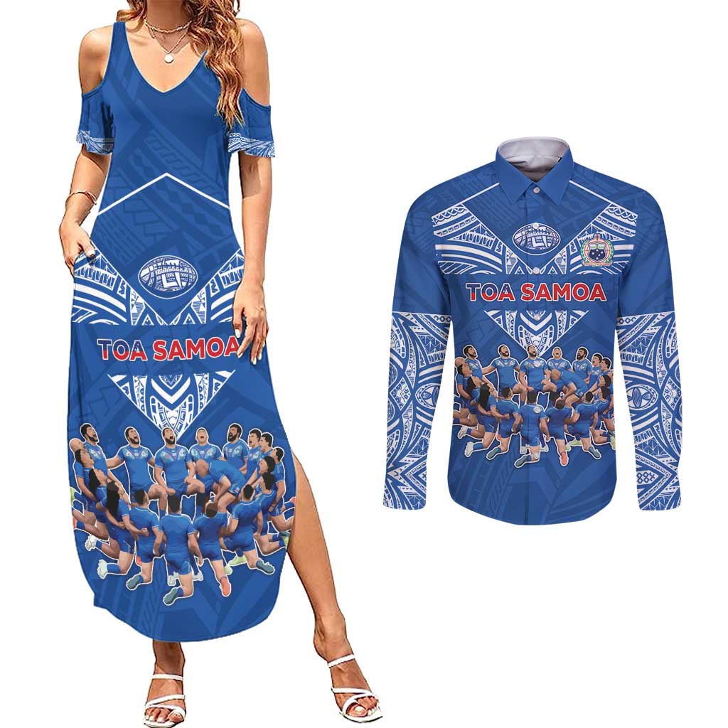 Toa Samoa Couples Matching Summer Maxi Dress and Long Sleeve Button Shirt Samoan Warrior Spirit Rugby - Polynesian Pride