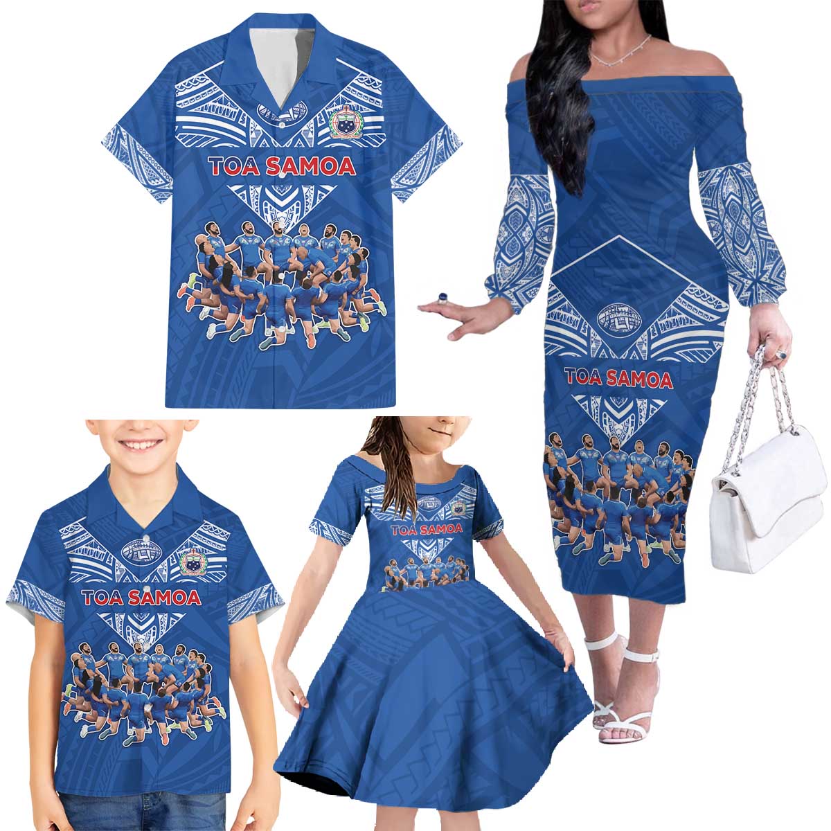 Toa Samoa Family Matching Off The Shoulder Long Sleeve Dress and Hawaiian Shirt Samoan Warrior Spirit Rugby - Polynesian Pride