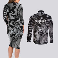 Personalised Maori Romantic Valentine Couples Matching Long Sleeve Bodycon Dress and Long Sleeve Button Shirt The Hongi Kiss Black Galaxy DT05 - Polynesian Pride