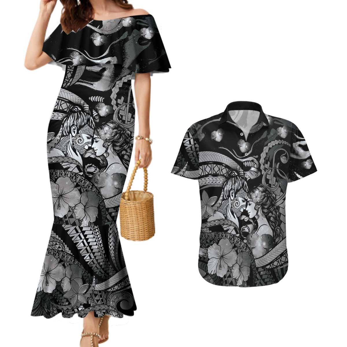 Personalised Maori Romantic Valentine Couples Matching Mermaid Dress and Hawaiian Shirt The Hongi Kiss Black Galaxy DT05 Black - Polynesian Pride