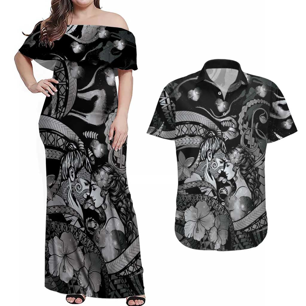 Personalised Maori Romantic Valentine Couples Matching Off Shoulder Maxi Dress and Hawaiian Shirt The Hongi Kiss Black Galaxy DT05 Black - Polynesian Pride