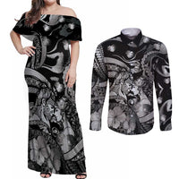 Personalised Maori Romantic Valentine Couples Matching Off Shoulder Maxi Dress and Long Sleeve Button Shirt The Hongi Kiss Black Galaxy