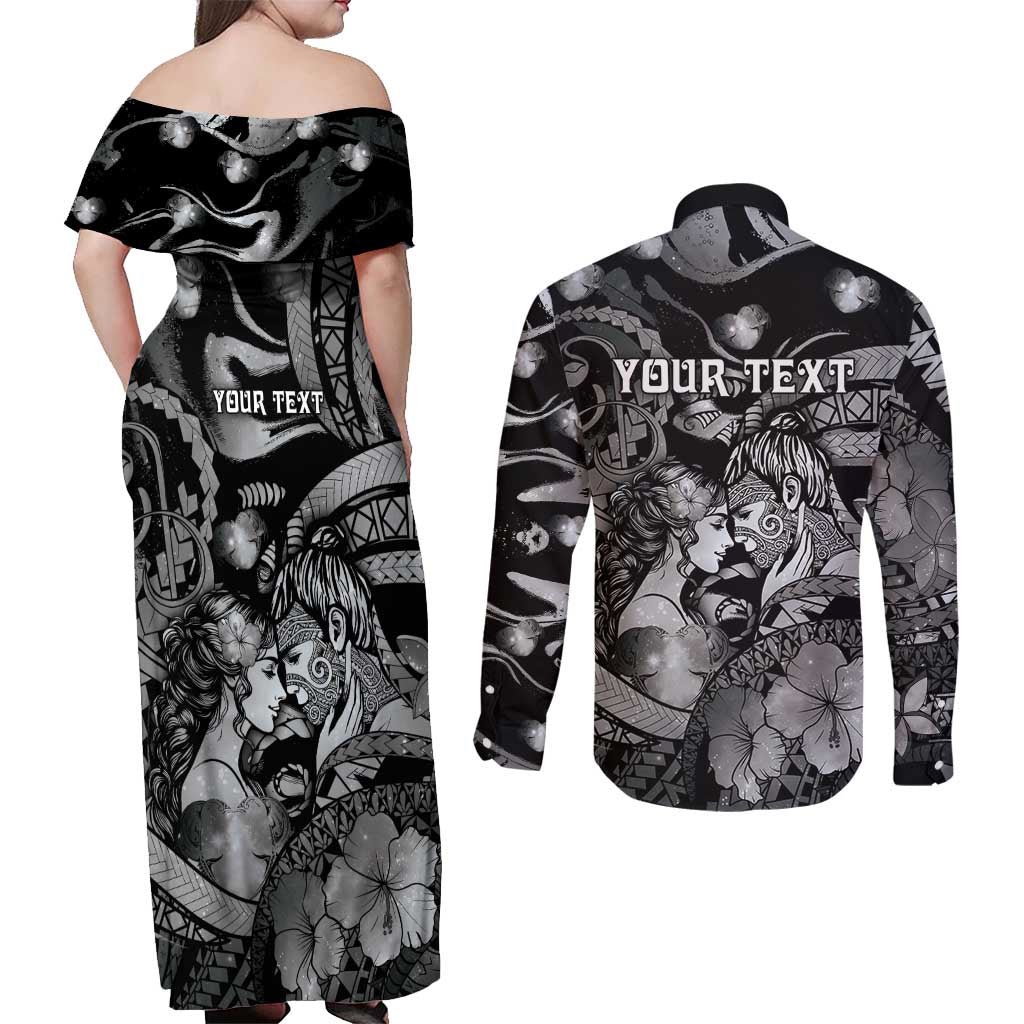 Personalised Maori Romantic Valentine Couples Matching Off Shoulder Maxi Dress and Long Sleeve Button Shirt The Hongi Kiss Black Galaxy