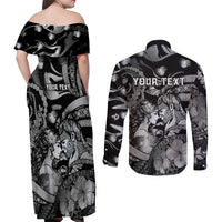 Personalised Maori Romantic Valentine Couples Matching Off Shoulder Maxi Dress and Long Sleeve Button Shirt The Hongi Kiss Black Galaxy