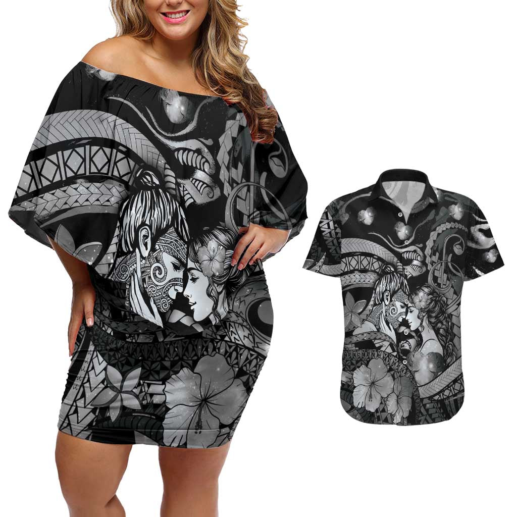 Personalised Maori Romantic Valentine Couples Matching Off Shoulder Short Dress and Hawaiian Shirt The Hongi Kiss Black Galaxy DT05 Black - Polynesian Pride