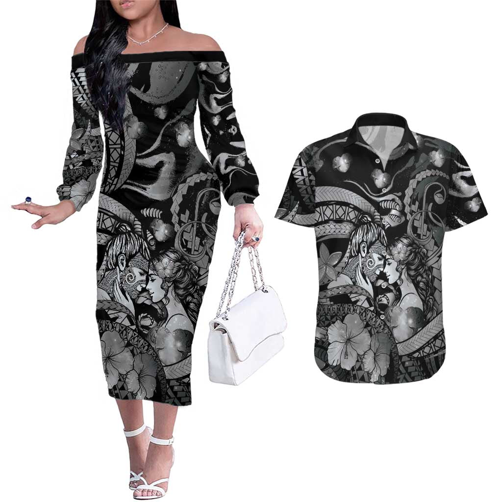 Personalised Maori Romantic Valentine Couples Matching Off The Shoulder Long Sleeve Dress and Hawaiian Shirt The Hongi Kiss Black Galaxy DT05 Black - Polynesian Pride