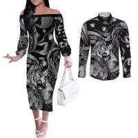 Personalised Maori Romantic Valentine Couples Matching Off The Shoulder Long Sleeve Dress and Long Sleeve Button Shirt The Hongi Kiss Black Galaxy DT05 Black - Polynesian Pride