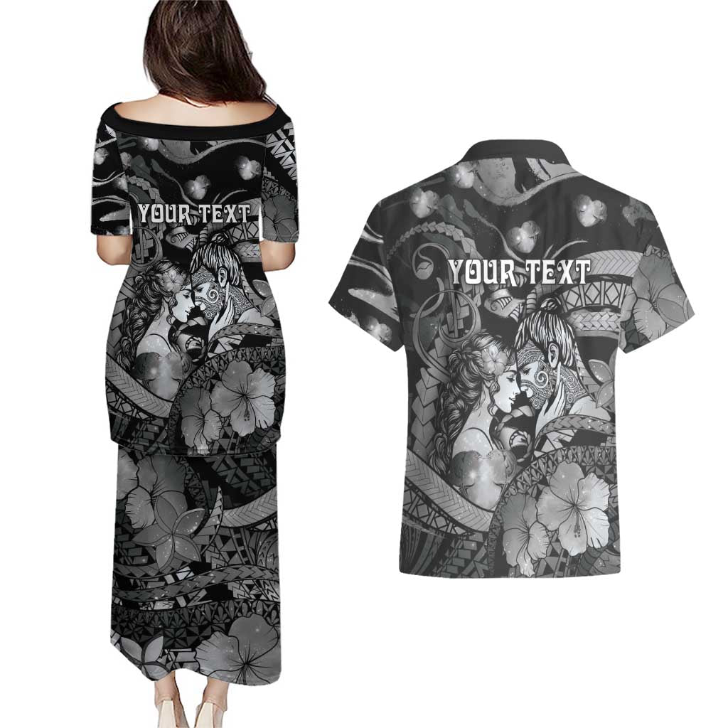 Personalised Maori Romantic Valentine Couples Matching Puletasi and Hawaiian Shirt The Hongi Kiss Black Galaxy