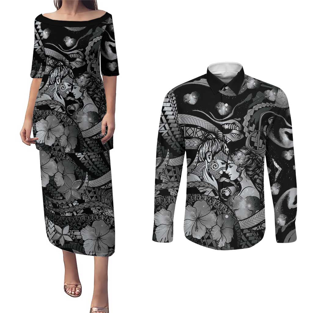 Personalised Maori Romantic Valentine Couples Matching Puletasi and Long Sleeve Button Shirt The Hongi Kiss Black Galaxy