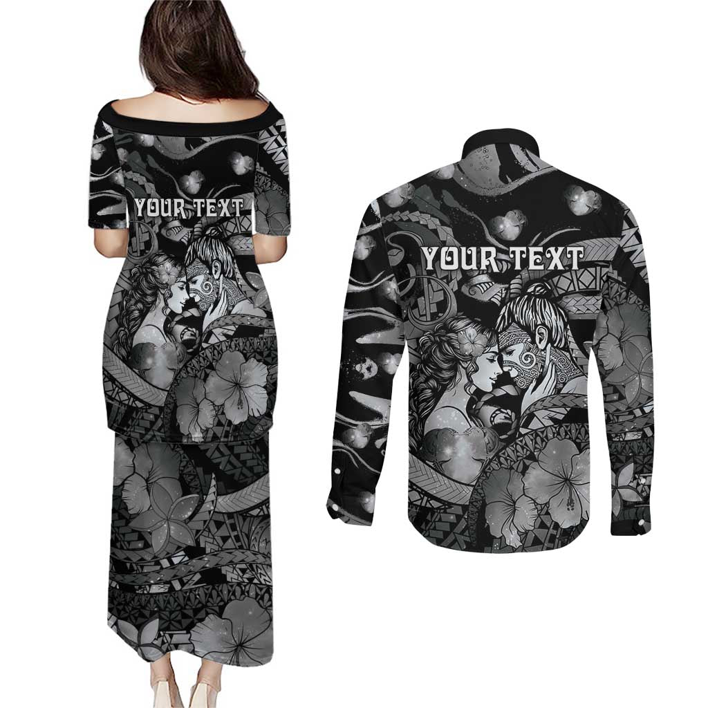 Personalised Maori Romantic Valentine Couples Matching Puletasi and Long Sleeve Button Shirt The Hongi Kiss Black Galaxy