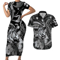 Personalised Maori Romantic Valentine Couples Matching Short Sleeve Bodycon Dress and Hawaiian Shirt The Hongi Kiss Black Galaxy DT05 Black - Polynesian Pride