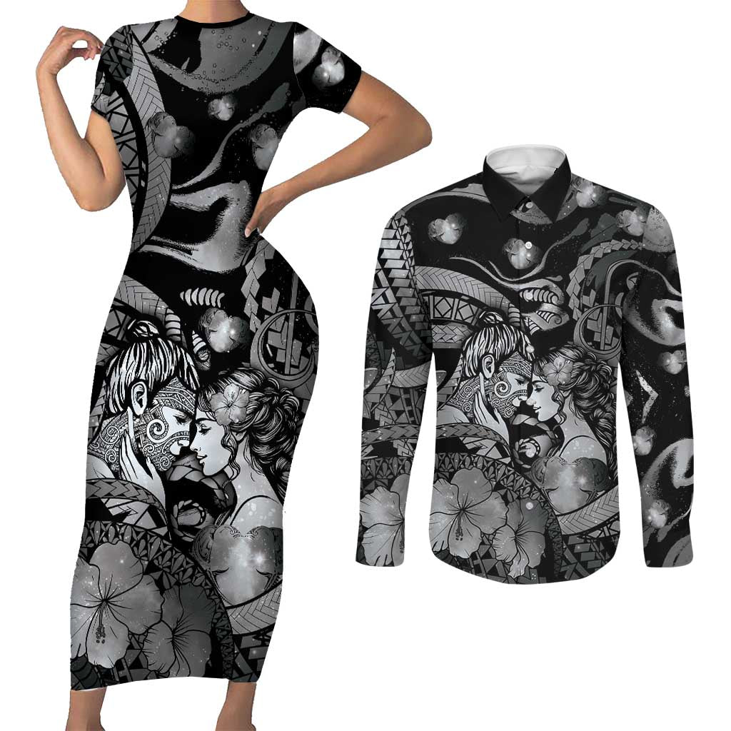 Personalised Maori Romantic Valentine Couples Matching Short Sleeve Bodycon Dress and Long Sleeve Button Shirt The Hongi Kiss Black Galaxy