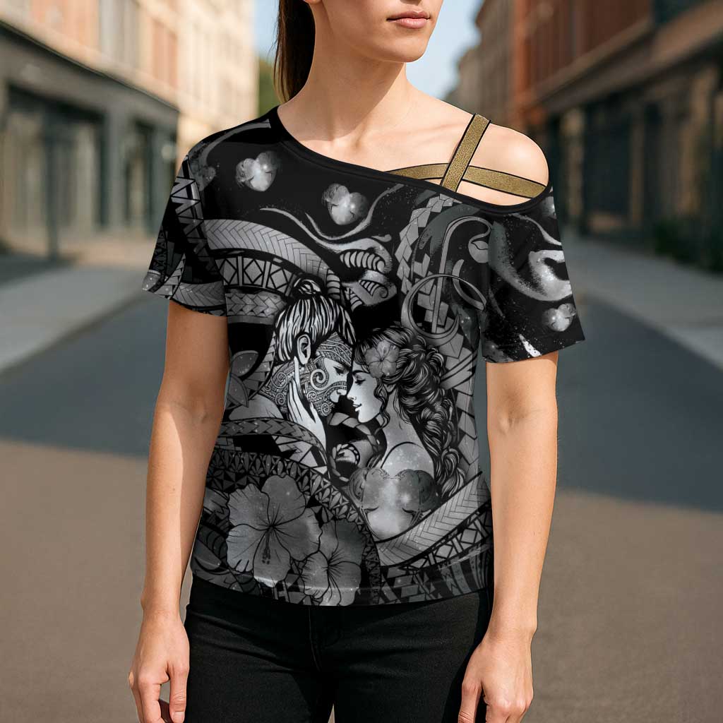Personalised Maori Romantic Valentine Cross Shoulder Shirt The Hongi Kiss Black Galaxy