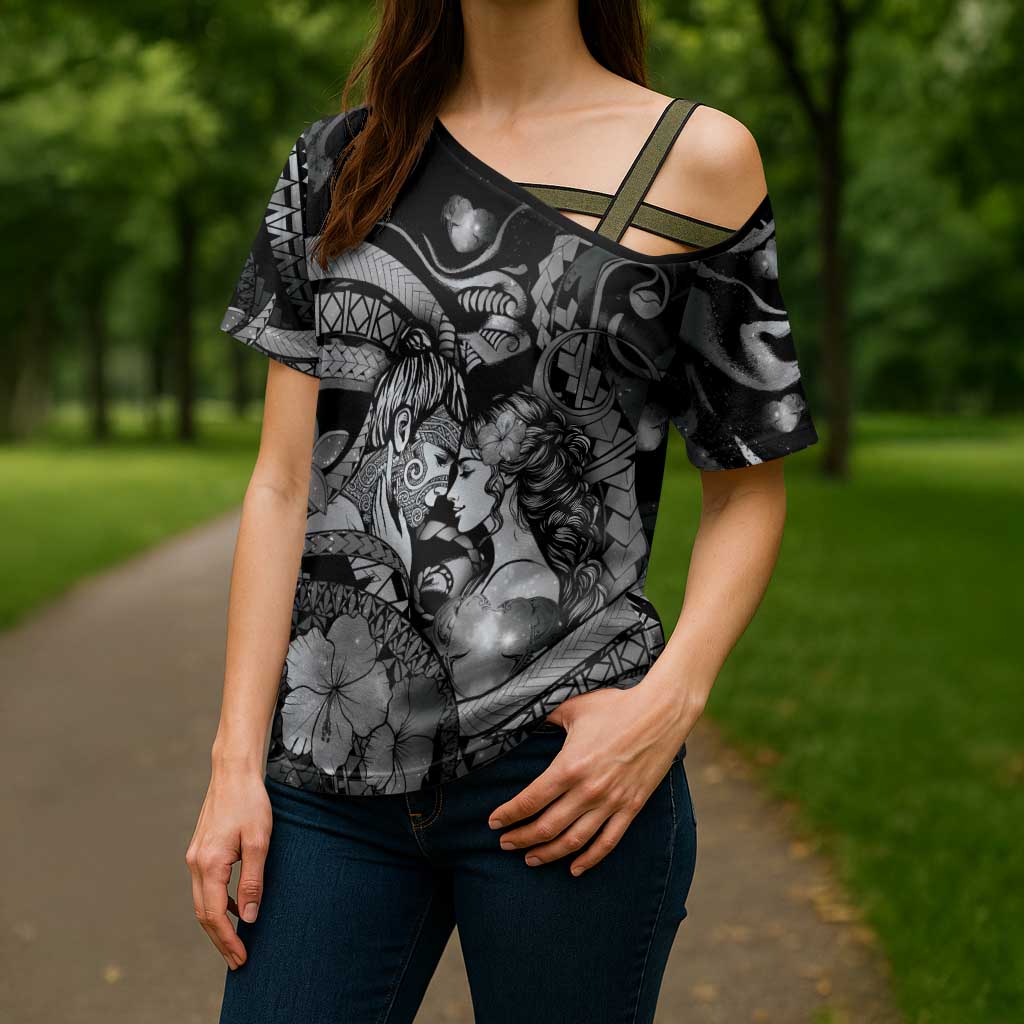 Personalised Maori Romantic Valentine Cross Shoulder Shirt The Hongi Kiss Black Galaxy