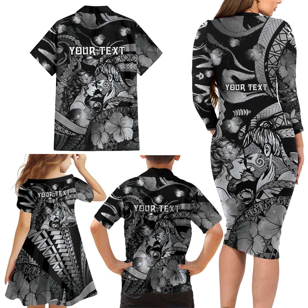 Personalised Maori Romantic Valentine Family Matching Long Sleeve Bodycon Dress and Hawaiian Shirt The Hongi Kiss Black Galaxy DT05 - Polynesian Pride