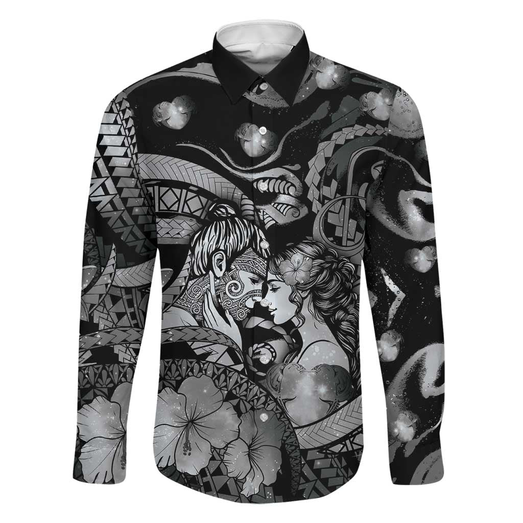Personalised Maori Romantic Valentine Family Matching Long Sleeve Bodycon Dress and Hawaiian Shirt The Hongi Kiss Black Galaxy DT05 Dad's Shirt - Long Sleeve Black - Polynesian Pride