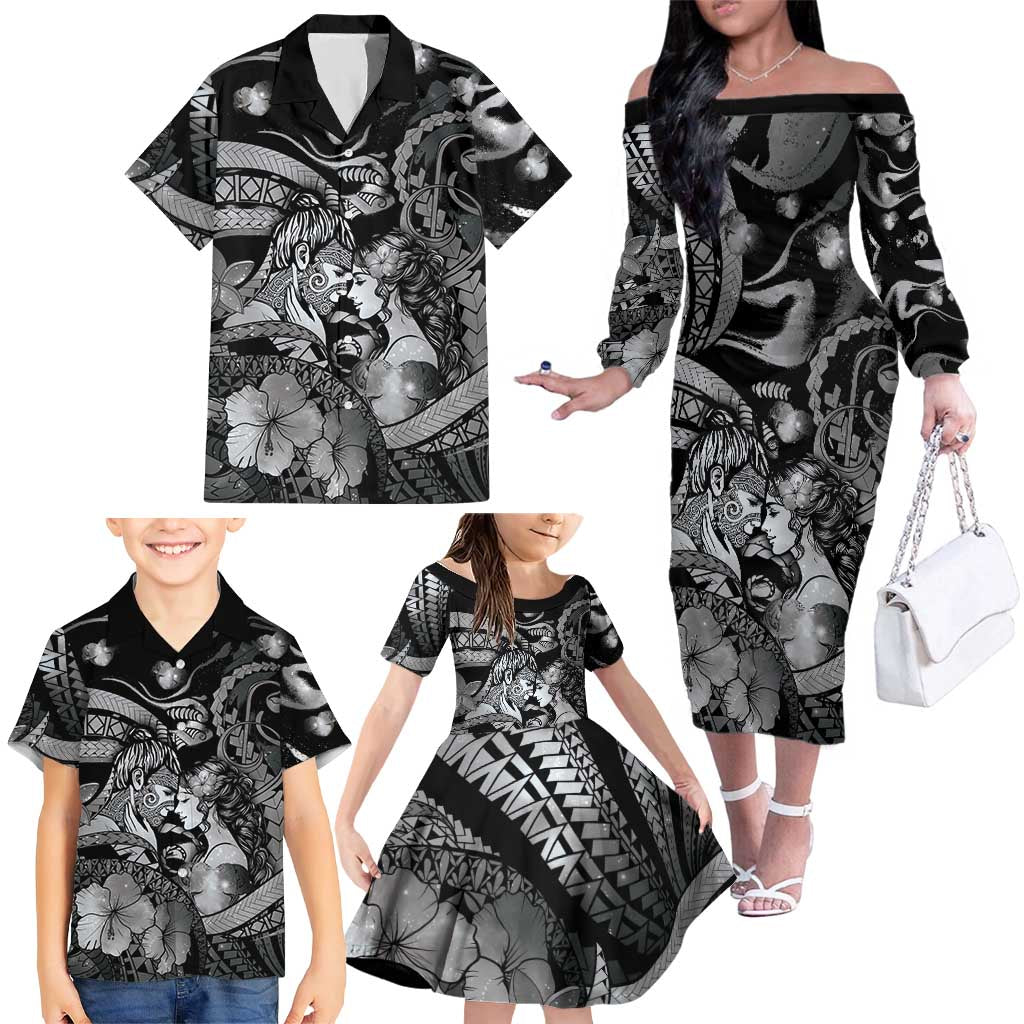 Personalised Maori Romantic Valentine Family Matching Off The Shoulder Long Sleeve Dress and Hawaiian Shirt The Hongi Kiss Black Galaxy DT05 - Polynesian Pride
