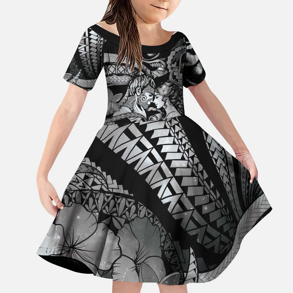 Personalised Maori Romantic Valentine Family Matching Off Shoulder Short Dress and Hawaiian Shirt The Hongi Kiss Black Galaxy DT05 Daughter's Dress Black - Polynesian Pride