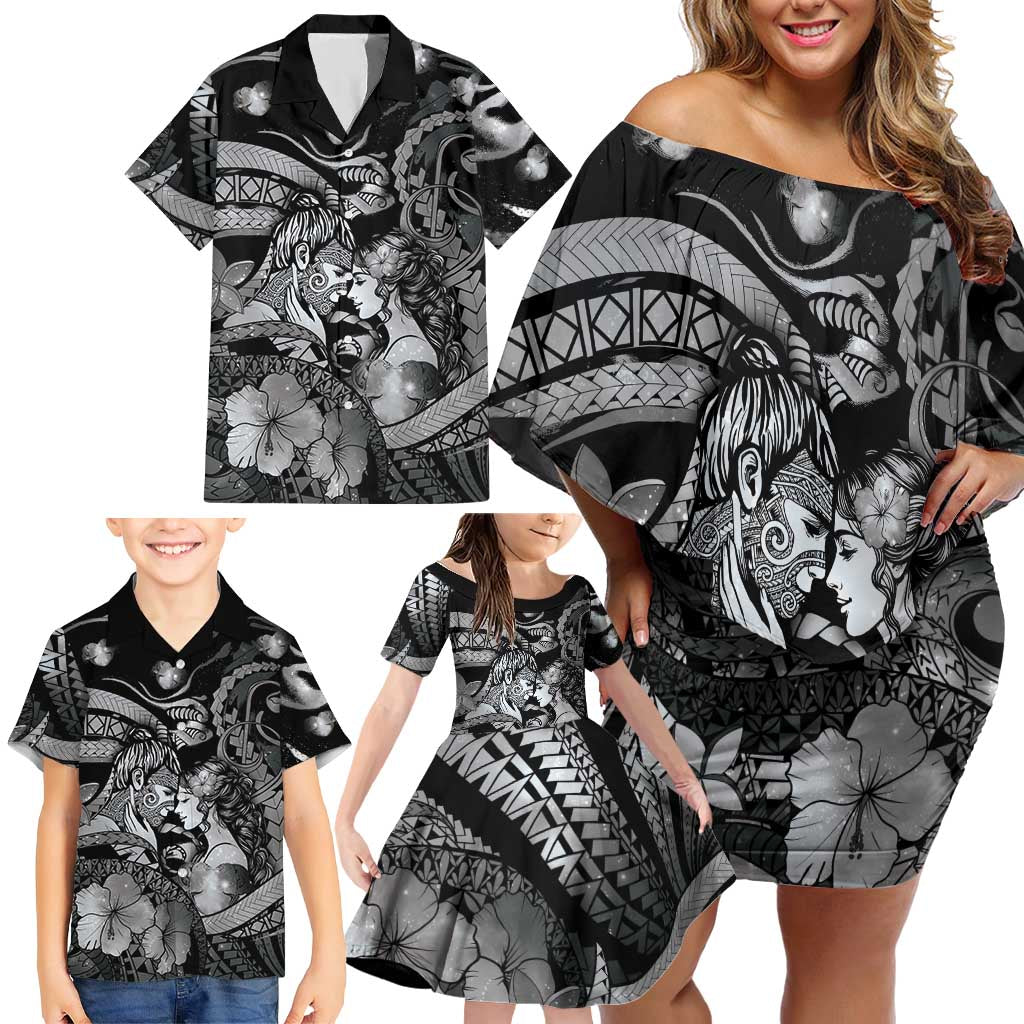 Personalised Maori Romantic Valentine Family Matching Off Shoulder Short Dress and Hawaiian Shirt The Hongi Kiss Black Galaxy DT05 - Polynesian Pride