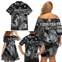 Personalised Maori Romantic Valentine Family Matching Off Shoulder Short Dress and Hawaiian Shirt The Hongi Kiss Black Galaxy DT05 - Polynesian Pride