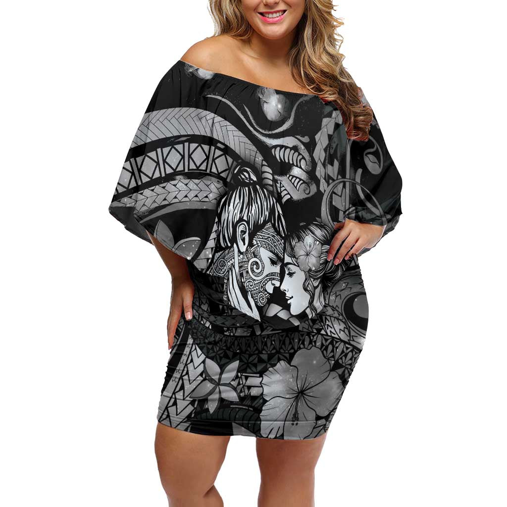 Personalised Maori Romantic Valentine Family Matching Off Shoulder Short Dress and Hawaiian Shirt The Hongi Kiss Black Galaxy DT05 Mom's Dress Black - Polynesian Pride