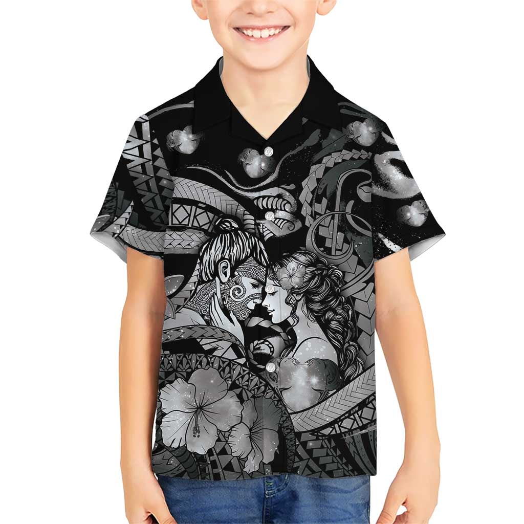Personalised Maori Romantic Valentine Family Matching Short Sleeve Bodycon Dress and Hawaiian Shirt The Hongi Kiss Black Galaxy DT05 Son's Shirt Black - Polynesian Pride