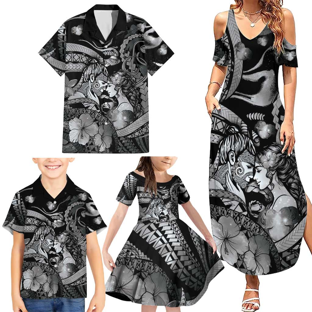 Personalised Maori Romantic Valentine Family Matching Summer Maxi Dress and Hawaiian Shirt The Hongi Kiss Black Galaxy DT05 - Polynesian Pride