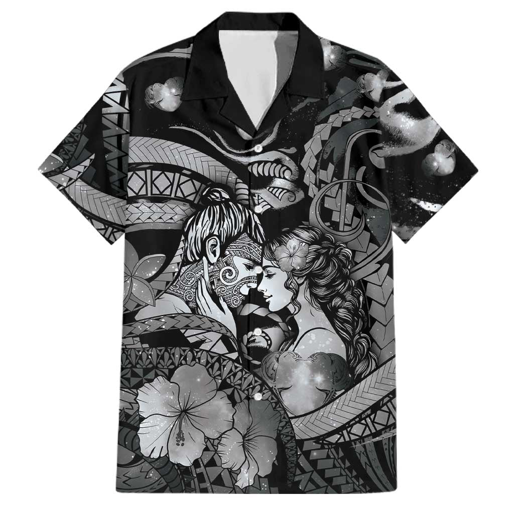 Personalised Maori Romantic Valentine Family Matching Tank Maxi Dress and Hawaiian Shirt The Hongi Kiss Black Galaxy DT05 Dad's Shirt - Short Sleeve Black - Polynesian Pride