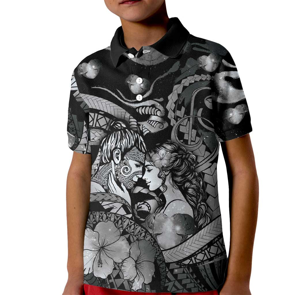 Personalised Maori Romantic Valentine Kid Polo Shirt The Hongi Kiss Black Galaxy